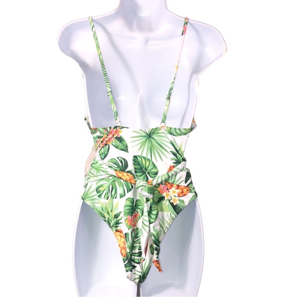 Light Blue Pineapple Tropical Floral One Piece Swimsuit High Cut Legs Size S - Picture 5 of 5